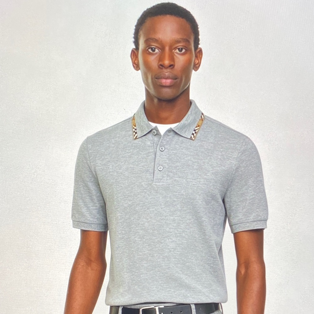 Burberry Gray Heather Polo with Signature Check Trim
